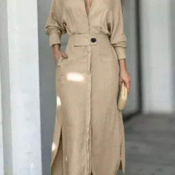Outzidr Women solid Slits Shirt Maxi Dress-image-28
