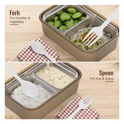 BAYBEE Kids Lunch Box 800ml | Leak-Proof & Microwave Safe 4-Side Lock BPA-Free Tiffin Box | Detachable Stainless Steel Plate, Spoon & Fork Included | Durable Lunch Box for School & Office (Beige) image 5