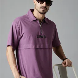 LEWEL Men Typography Printed Polo Collar Oversized T-shirt image 4