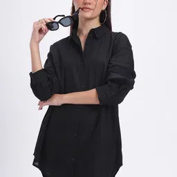 glitchez Effortless-N-Chic Cuffed Sleeves Relaxed Fit High-Low Mini Shirt Dress-picture-29
