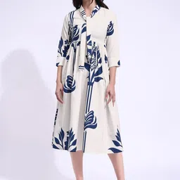 PURVAJA Floral Printed Gathered or Pleated Tie-Up Neck A-Line Midi Dress-picture-38