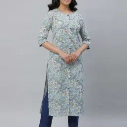 Aurelia White & Blue Cotton Printed Straight Kurta-image-23