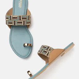 Anouk Women Blue & Rose-Gold Toned Beaded One-Toe Flats-picture-21