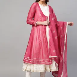 Biba Women Pink & Cream-Coloured Printed Layered Kurta with Churidar & Dupatta-image-12