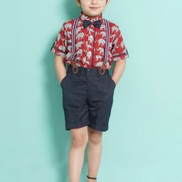 Aj DEZInES Boys Printed Cotton Shirt Bow Shorts With Cap Suspenders Clothing Set-picture-15