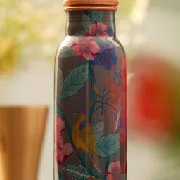 JAYPORE Grey & Pink Single Copper Floral Water Bottle image 5