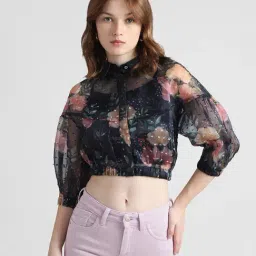 Only Black Cotton Printed Cropped Shirt-image-0