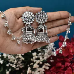 MEIRA JEWELLERY Silver-Plated Artificial Stones Studded Dome Shaped Jhumkas With Chain image 3