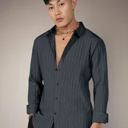 Moda Rapido Self Design Vertical Striped Spread Collar Long Sleeves Shirt-picture-21