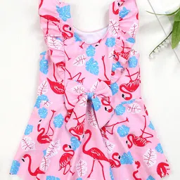Babyhug Frill Sleeves Frock Swimsuit Flamingo Print - Pink-picture-23