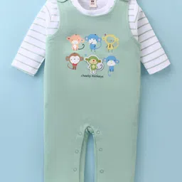 ToffyHouse Cotton Knit Full Sleeves Dungaree Style Romper with Striped T-Shirt Monkey Print & Patch - Sea Green-picture-14