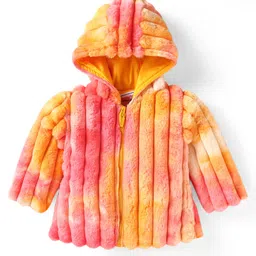 Babyhug Woven Full Sleeves Hooded Fur Jacket with Stripe Design - Yellow & Pink-picture-25