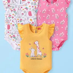 Babyhug 100% Cotton Knit Frill Sleeves Onesies with Jungle Theme Print Pack of 3 - Yellow White & Pink-picture-28