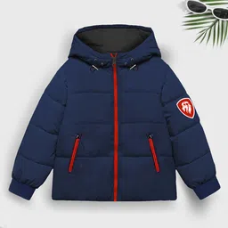 Trampoline Full Sleeves Lion Badge Printed Padded Hooded Jacket - Navy Blue-picture-11