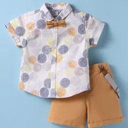 ToffyHouse Poplin Woven Half Sleeves Shirt & Shorts Set with Bow Suspender & Geomentry Print- Light Brown & White-picture-17