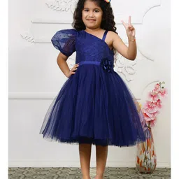 Toy Balloon Kids Net Half Puffed Sleeves Floral Applique Detailed Swiss Dot Designed Dress - Navy Blue-picture-24