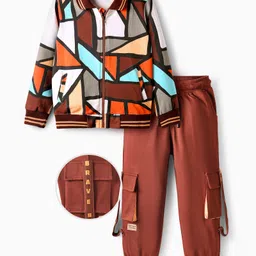 OLLINGTON ST. Looper Knit Full Sleeves Jacket & Joggers with Geometric Print - Multicolor & Wine-picture-24