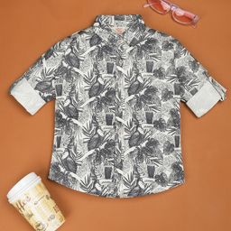 Rikidoos Full Sleeves Bird & Leaves Printed Shirt - White & Black-picture-7