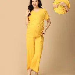 The Mom Store Cotton Spandex Knit Half Sleeves Solid Coordinating Maternity Night Suit Set With Nursing Access - Yellow-picture-21