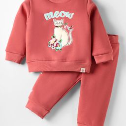 Ollypop Fleece Knit Full Sleeves Winter Wear Suit Set with Kitty Embroidery - Mulberry Pink-picture-14