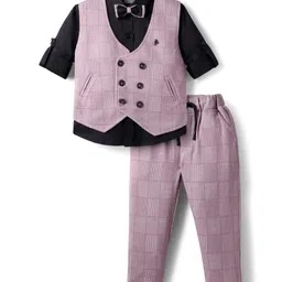 Dapper Dudes Full Sleeves Checked 3 Piece Party Suit With Bow & Cap Set - Purple-picture-38