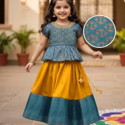Babyhug Brocade Woven Half Sleeves Pattu Pavada Choli Lehenga Set With Floral Print - Yellow-picture-12