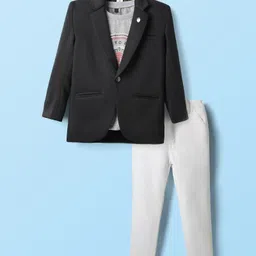 Dapper Dudes Full Sleeves Solid Blazer With Typography Printed Tee & Pant Set - Black-picture-33