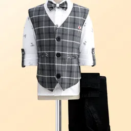 Radutu Full Sleeves Checked 3 Piece Party Suit With Bow Set - Dark Grey & White-picture-13