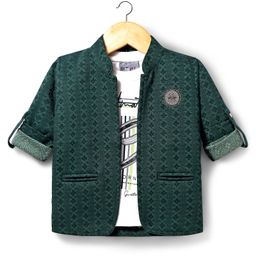 Dapper Dudes Full Sleeves Abstract Embroidered Blazer With Typography Printed Tee Set - Dark Green-picture-13