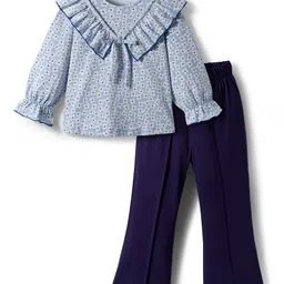 CrayonFlakes Cotton Knit Floral Printed Frill Detailed Top & Pant Set - Blue-image-32