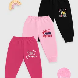 KUCHIPOO Cotton Blend Knit Pack Of 3 Born To Shine & Little Dreamer Text Printed Pajamas - Black Pink Dark & Pink-picture-23