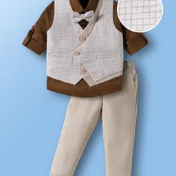 Mark & Mia Woven Full Sleeves Checks 3 Piece Party Suit With Bow - Brown-picture-27