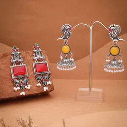 Anouk Set Of 2 Silver-Plated Artificial Stones and Beaded Contemporary Drop Earrings-image-74