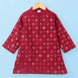 Babyhug Full Sleeves Embroidered   Kurta With Solid Colour Dhoti - Maroon image 2