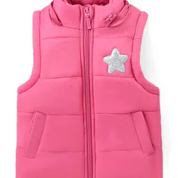 Babyhug Sleeveless Solid Colour Padded Hooded Jacket With Star Patch Detailing - Pink image 2