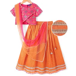 Pine Kids Woven Half SleevesEmbroidered Choli Lahenga set With Dupatta - Dark Orange image 3