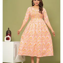 NEVISHA STYLE Cotton Woven Three Fourth Sleeves Floral Printed Maternity Kurta With Nursing Access - Peach image 4