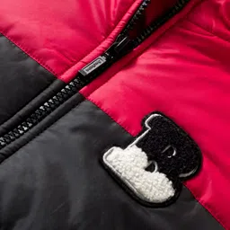 Babyhug Woven Full Sleeves Hooded Padded Jacket With Alphabet Embroidery - Black & Red image 3