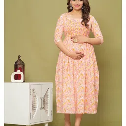 NEVISHA STYLE Cotton Woven Three Fourth Sleeves Floral Printed Maternity Kurta With Nursing Access - Peach image 5