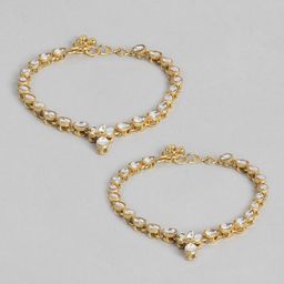 I Jewels Set of 2 Gold-Plated White Kundan-Studded & Beaded Anklets-picture-12