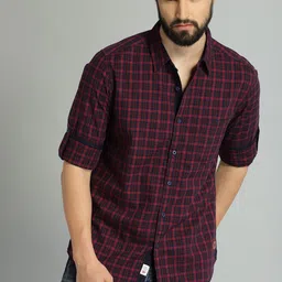 Roadster Men Maroon & Navy Blue Regular Fit Checked Casual Sustainable Shirt-picture-22