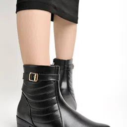 Shoetopia Women Pointed Toe Block Regular Boots With Buckle Detail image 3