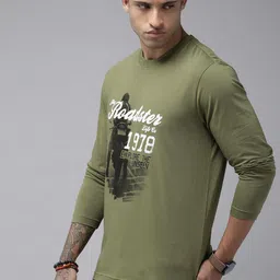 Roadster Men Olive Green Typography Printed Pure Cotton T-shirt image 3