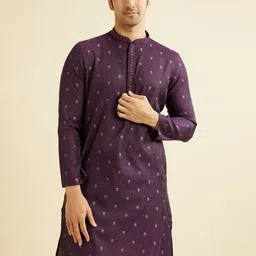 Manyavar Floral Woven Design Thread Work Mandarin Collar Straight Kurta with Pyjamas-picture-28