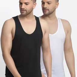 Friskers Men Pack Of 2 Black & White Solid Cotton Gym Vests-picture-25