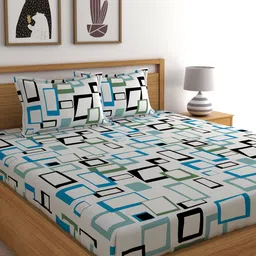 Home Ecstasy White & Blue Geometric 140 TC Cotton 1 Queen Bedsheet with 2 Pillow Covers-picture-31