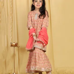 AJ Dezines Three Fourth Sleeves Gota Lace Embellished Printed Kurta With Sharara And Dupatta Set - Peach-picture-26