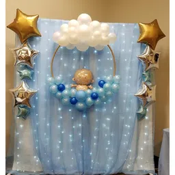 Surprise Decor 66 pcs blue baby shower Party Supplies Decorations, Balloons, Net Backdrop, Led light for Party Decoration (Blue) Size - 10ft X 5ft-image-69