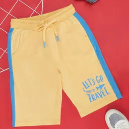 Pantaloons Junior Cotton Lets Go Travel Text Printed Shorts - Blazing Yellow-image-91