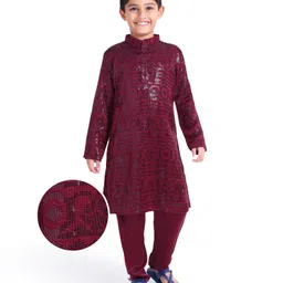 Earthy Touch Woven Full Sleeves Sequins Velvet kurta Pyjama Set - Maroon-picture-10
